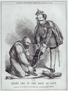 1600年11月17日の「パンチ、またはロンドンのシャリヴァリ」からのジュゼッペガリバルディ（1807-82）とイタリア国王のヴィットリオエマヌエーレ2世（1820-78）の風刺漫画、「ついにブートの右脚」（b 作： English School